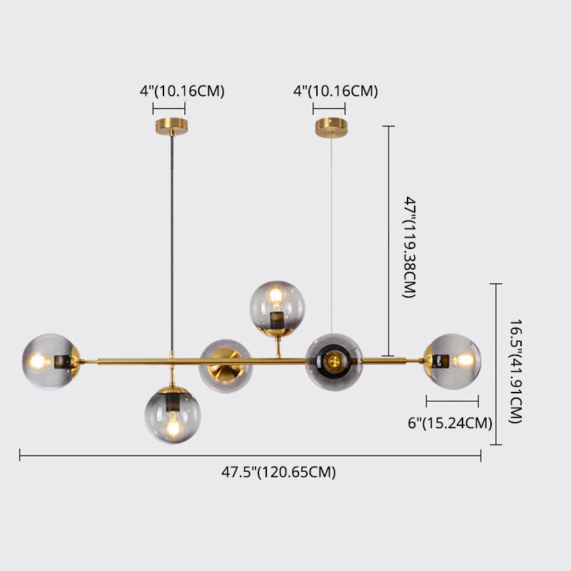 6 Leichte moderne Goldmetallinselheize Beleuchtung Kugelglas Island Deckenleuchte zum Esstisch