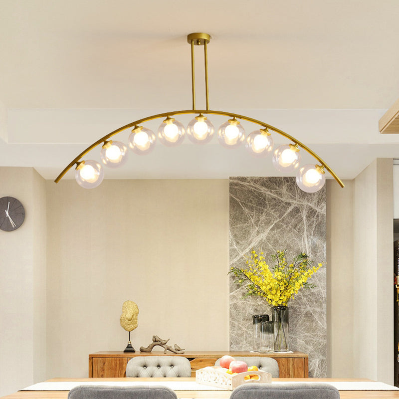 Mid-Century Modern Gold Metal Island Pendant Lighting Spherical Glass Island Ceiling Light for Dining Table