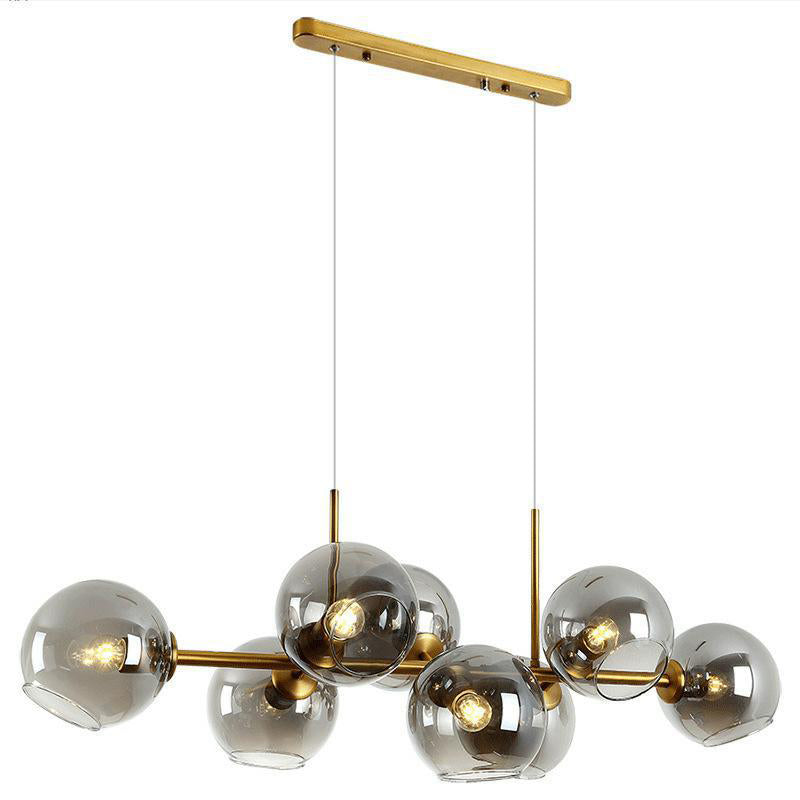 8 Light Mid-Century Gold Metal Island Pendant Lighting Spherical Glass Island Ceiling Light for Dining Table