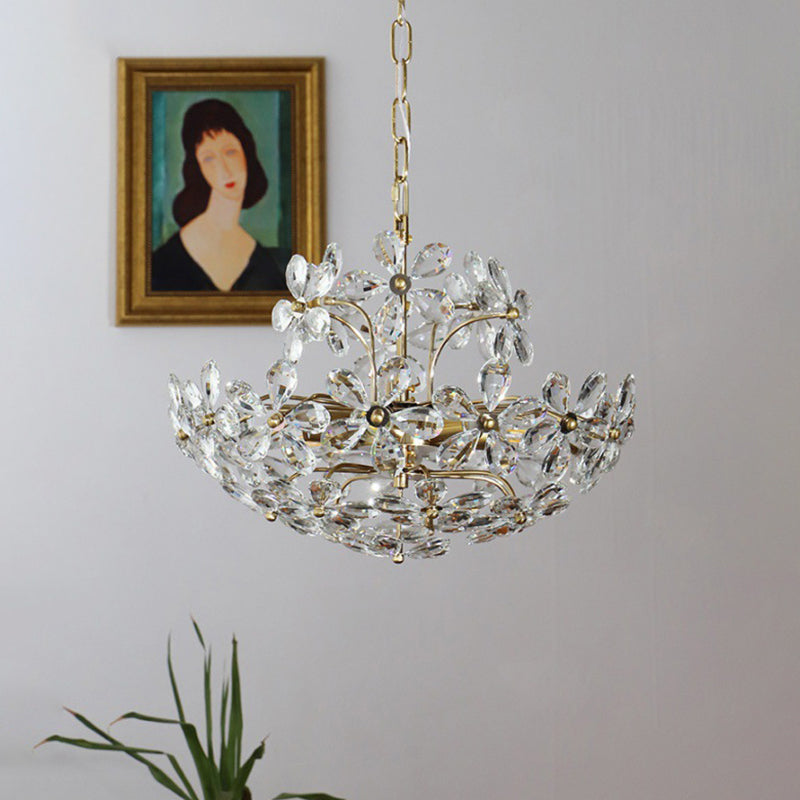 Vintage Brass Art Deco  Hanging Chandelier Light  Floral Clear Crystal  Interior Drop Lamp