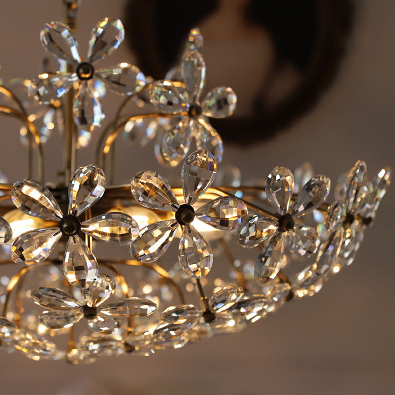 Vintage Messing Art Deco Hanging Kronleuchter leichter Blumenblumen -Kristall -Innenraumlampe