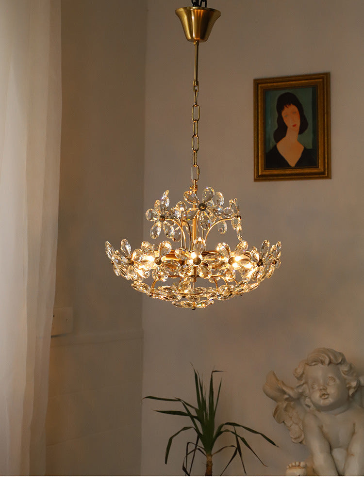 Vintage Messing Art Deco Hanging Kronleuchter leichter Blumenblumen -Kristall -Innenraumlampe