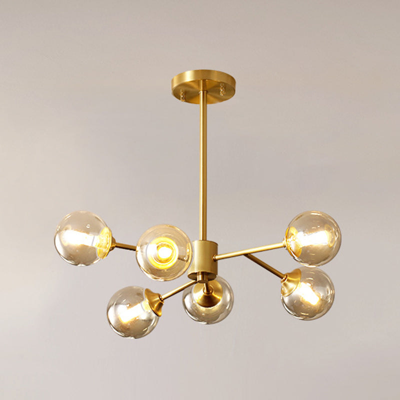 Candelera colgante de metal posmoderno Light Amber Glass Shade Chandelier en oro para dormitorio