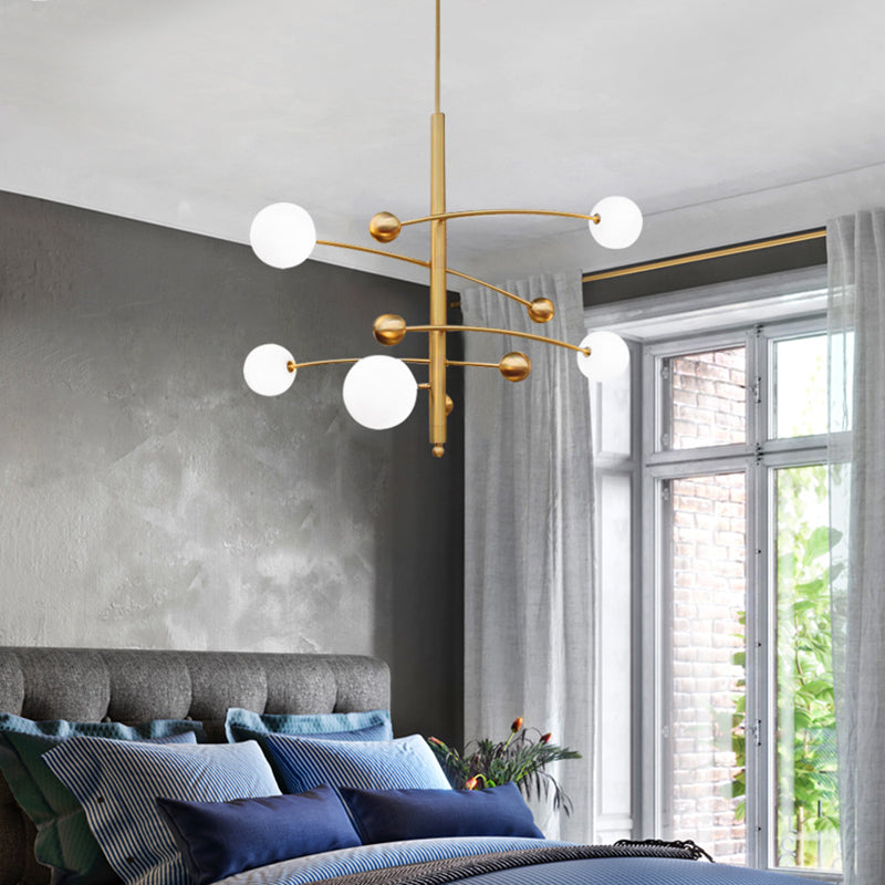 Post-Modern Hanging Chandelier Light Opal Glass Shade 5 Light Ceiling Chandelier in Gold  for Bedroom