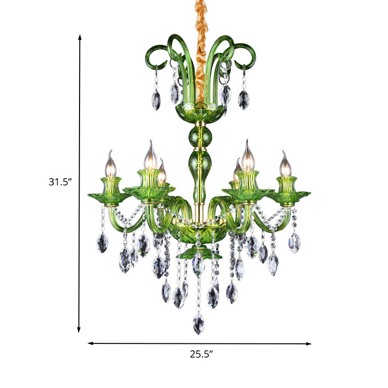 Candle Green Glass Chandelier Lamp Traditional 6 Heads Dining Room Hanging Ceiling Light with Crystal Drip Decoration