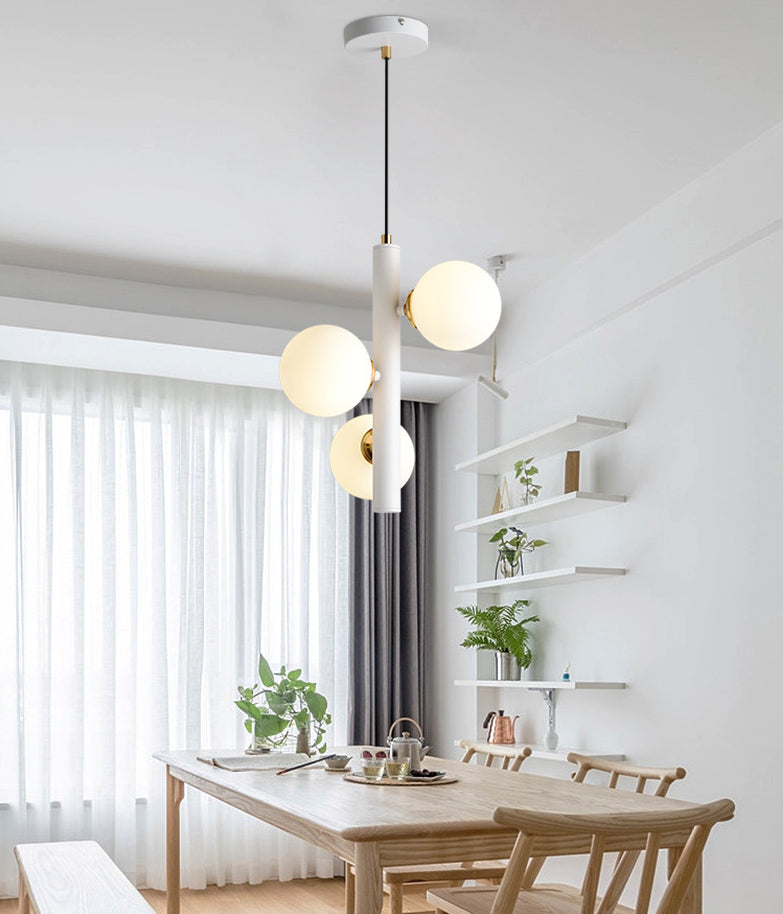 Modern Minimalist Linear Chandelier Light Fixture Spherical White Glass 3 Light Ceiling Chandelier
