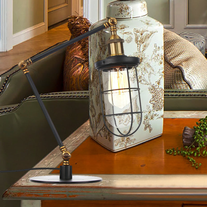 Wire Guard Metal Table Lighting Nautical Style 1 Light Adjustable Black/Brass Table Lamp for Restaurant