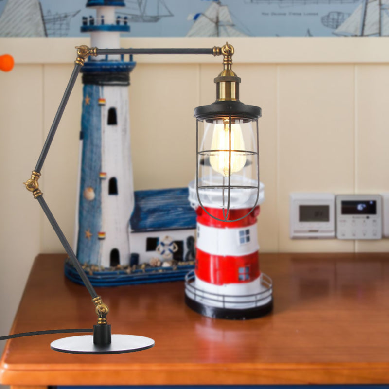 Wire Guard Metal Table Lighting Nautical Style 1 Light Adjustable Black/Brass Table Lamp for Restaurant