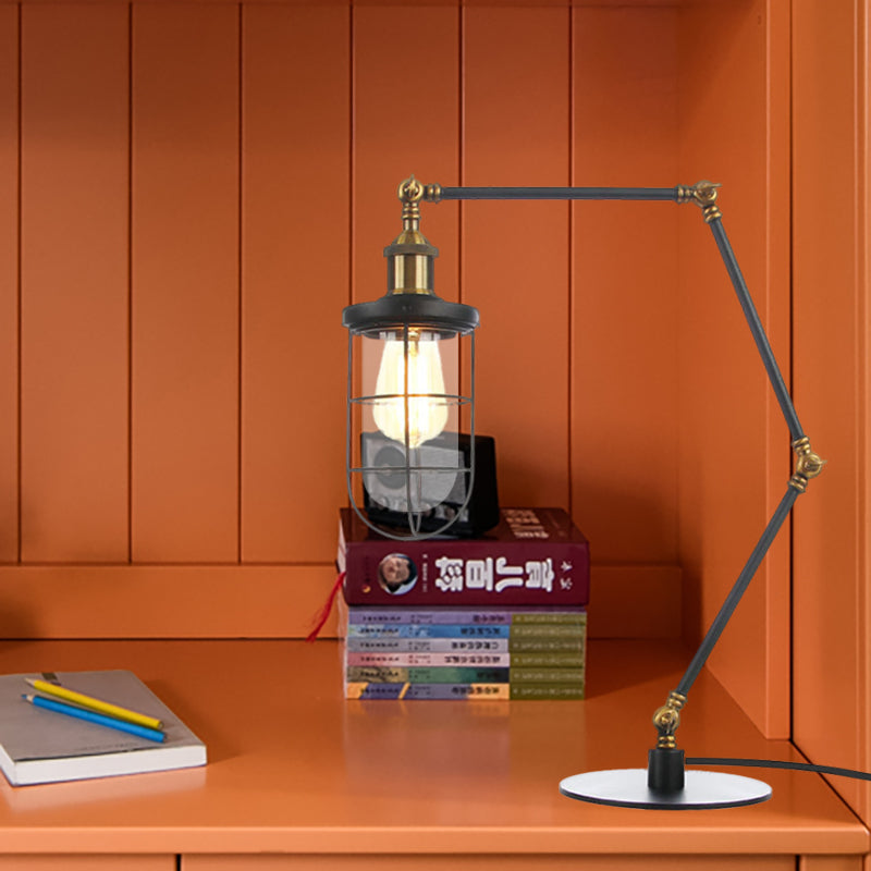 Wire Guard Metal Table Lighting Nautical Style 1 Light Adjustable Black/Brass Table Lamp for Restaurant