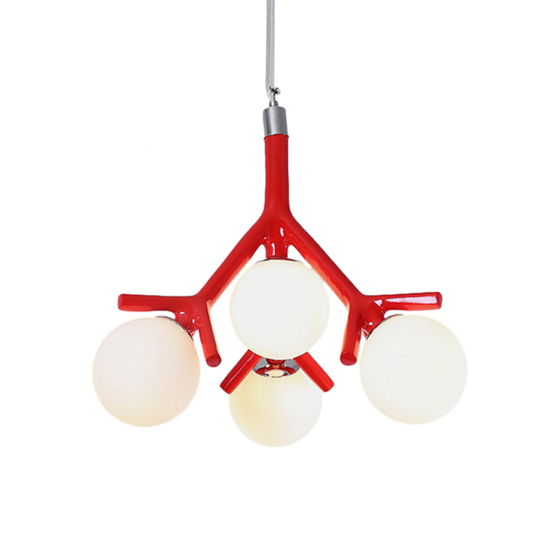 Global White Glass Chandelier with Branch Design Contemporary 4 Lights White/Black/Red Hanging Ceiling Fixture