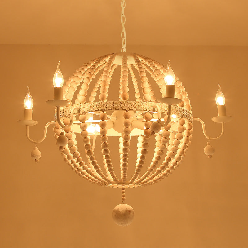 Cottage Sphere Beaded Chandelier 25.5"/31" Dia 9-Light White Wood Suspended Lighting Fixture