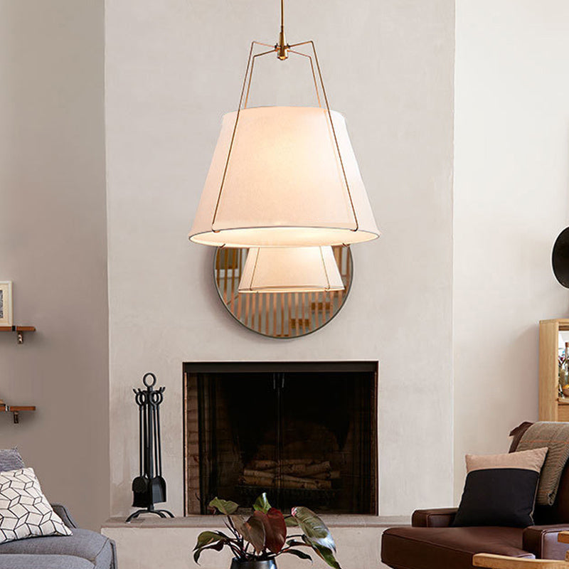 Fabric Cone Hanging Lamp Vintage 2 Lights Dining Room Chandelier Pendant Light in White
