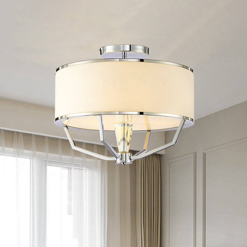 Modern Drum Semi Ceiling Flushmount Light with White Fabric Shade 5 Lights Semi Flush Lamp in Chrome