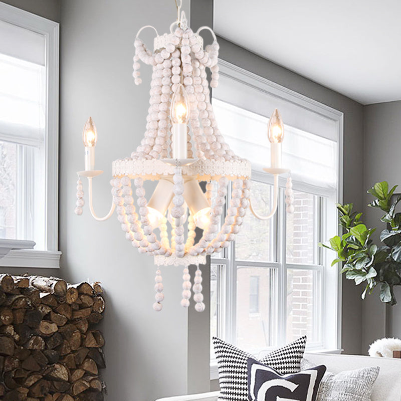 White 6/9-Head Chandelier Light Transitional Wooden Beaded Basket Hanging Ceiling Pendant