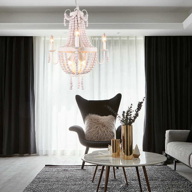 White 6/9-Head Chandelier Light Transitional Wooden Beaded Basket Hanging Ceiling Pendant