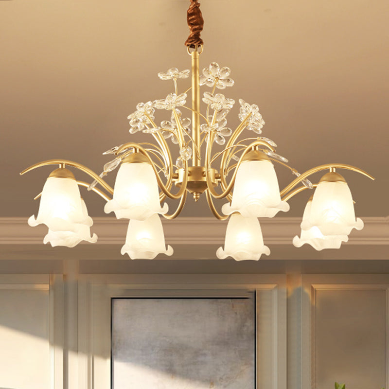 Antique Scalloped Chandelier 3/6/8-Light Ruffle Glass Pendant Light Fixture in Gold with Crystal Accent