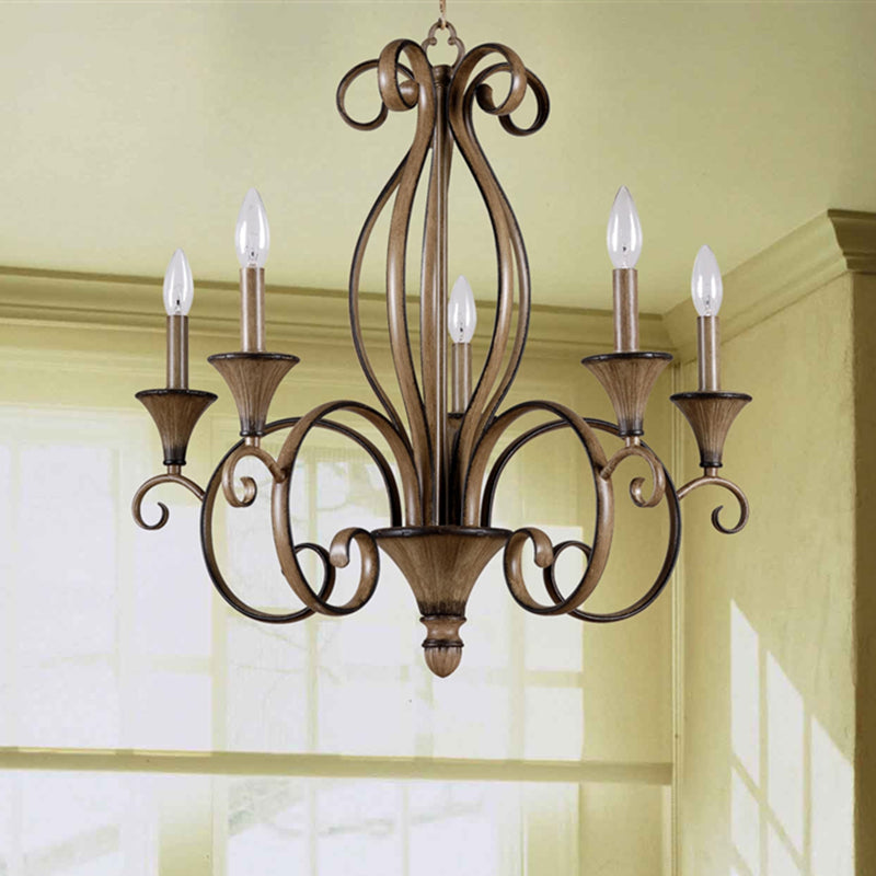 Metalen houten hanglampverlichting wervelde arm 5 lichten platteland kroonluchter lamp