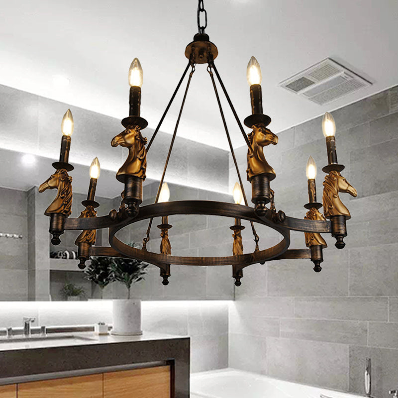8 Lights Living Room Hanging Lighting Country Style Black Chandelier with Candle Metal