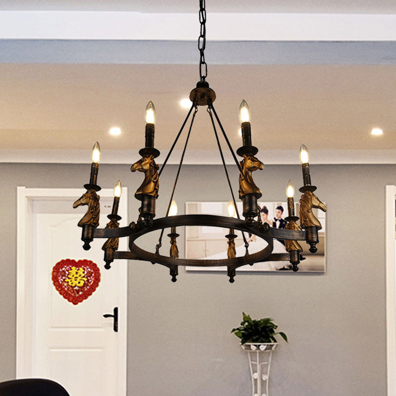 8 Lights Living Room Hanging Lighting Country Style Black Chandelier with Candle Metal