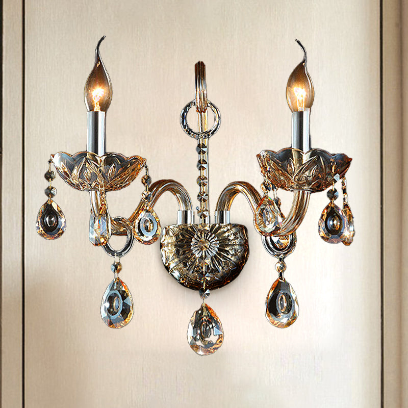 Amber Glass Candle Sconce Light Modernism 1/2 Heads Bedroom Wall Light Fixture with Crystal Drip Accent