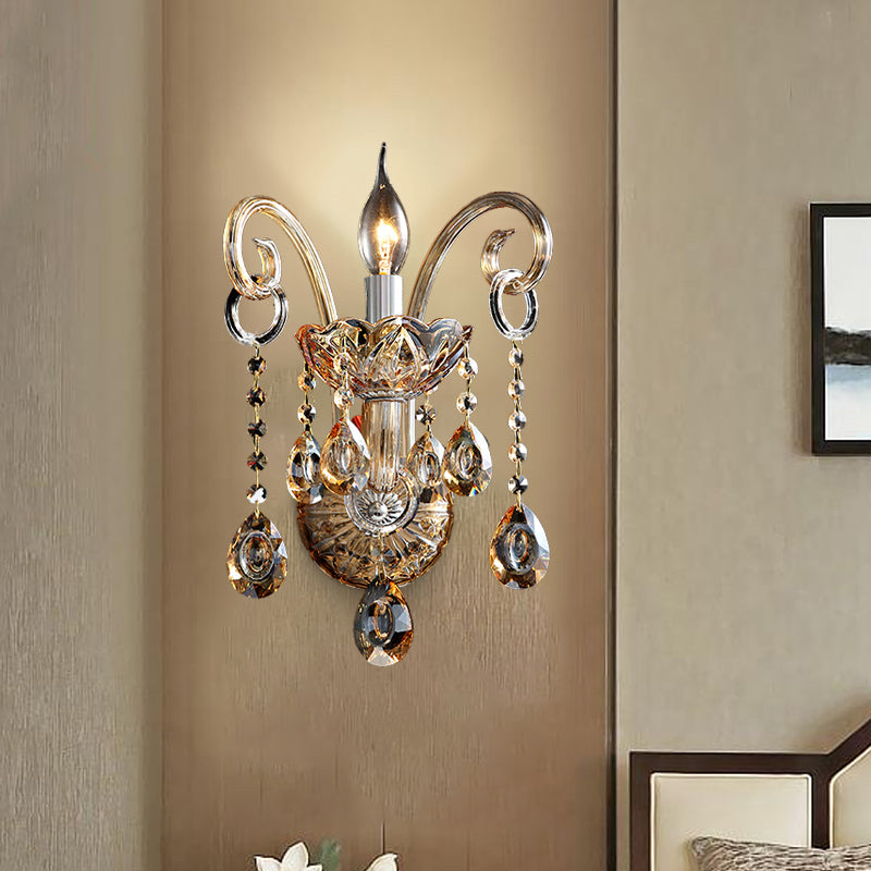 Amber Glass Candle Sconce Light Modernism 1/2 Heads Bedroom Wall Light Fixture with Crystal Drip Accent