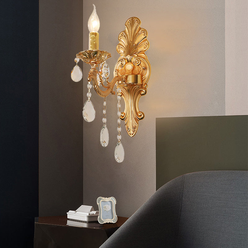 Candelabra Wall Light Fixture Postmodern Metal 1/2 Heads Living Room Sconce Light in Brass with Crystal Drip Accent
