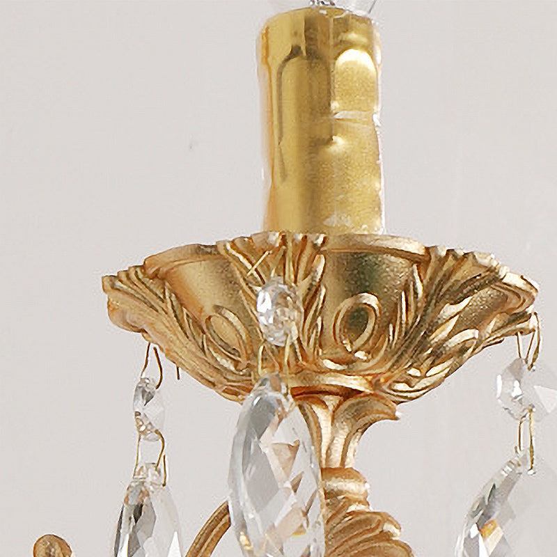 Candelabra Wall Light Fixture Postmodern Metal 1/2 Heads Living Room Sconce Light in Brass with Crystal Drip Accent