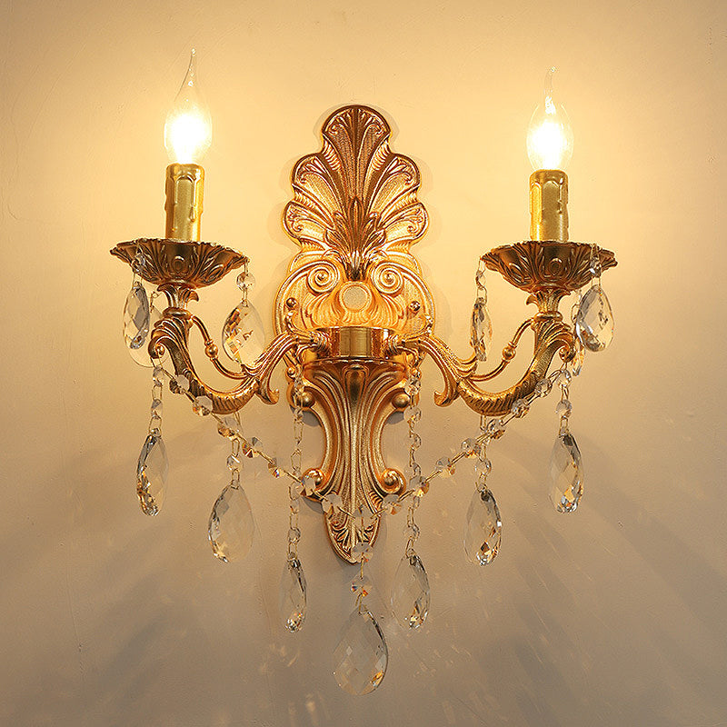 Candelabra Wall Light Fixture Postmodern Metal 1/2 Heads Living Room Sconce Light in Brass with Crystal Drip Accent