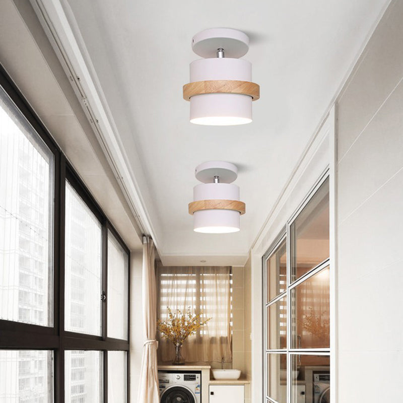 1-Light Metal Shade Semi Flush Mount Lighting Nordic Modern Style Wood  Ceiling Light for Hallway