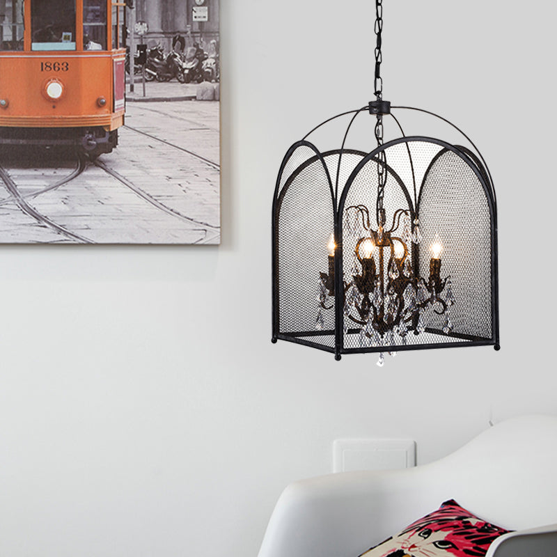 Vintage Candle Hanging Pendant 4 Lights Metal Ceiling Chandelier in Black with Crystal Drop