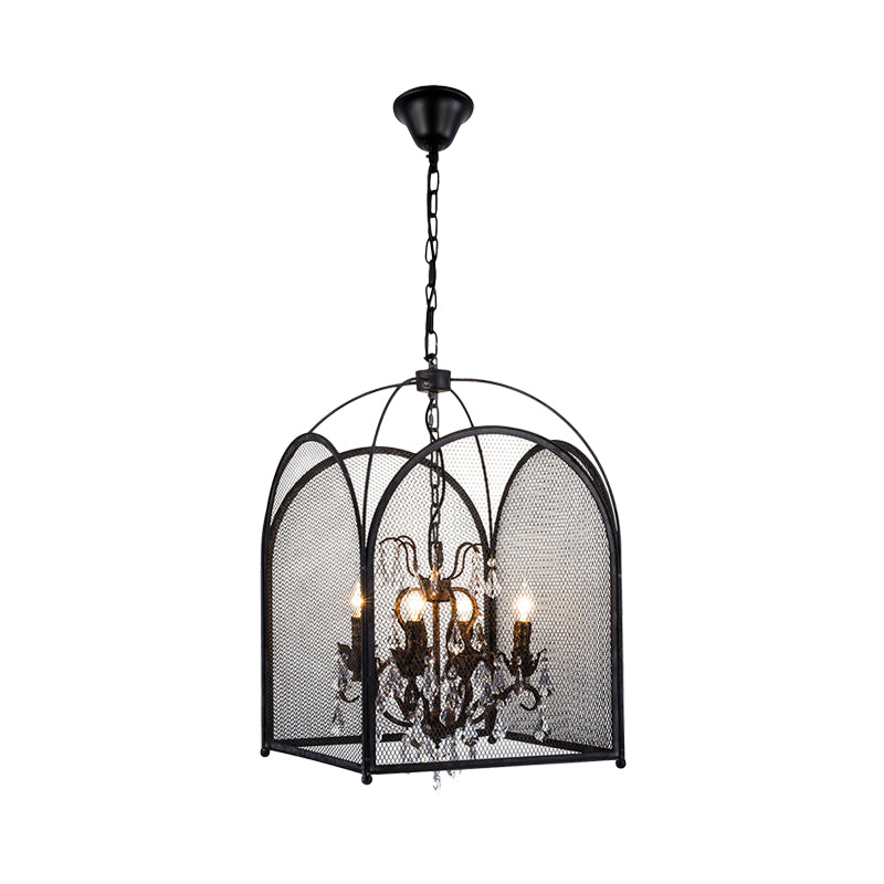Vintage Candle Hanging Pendant 4 Lights Metal Ceiling Chandelier in Black with Crystal Drop