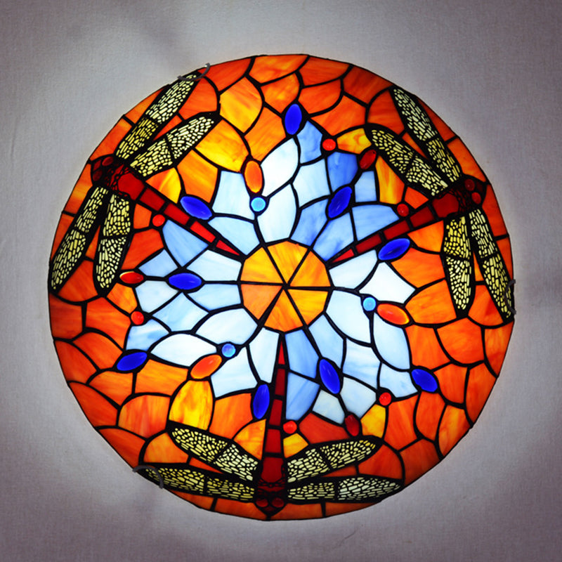 Stained Glass Bowl Flush Mount Light Tiffany Rustic Ceiling Lamp for Stair Living Room