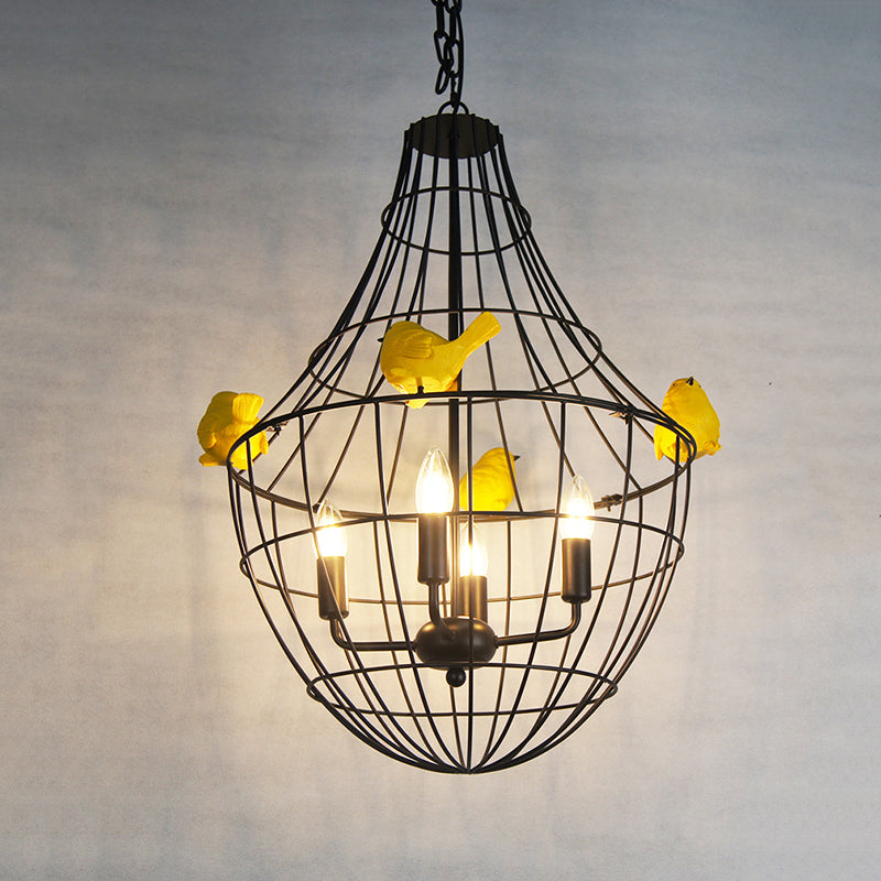 4 Lights Candelabra Suspended Lighting Fixture Traditional Black Metal Chandelier with Cage