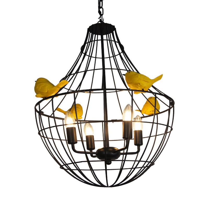 4 Lights Candelabra Suspended Lighting Fixture Traditional Black Metal Chandelier with Cage