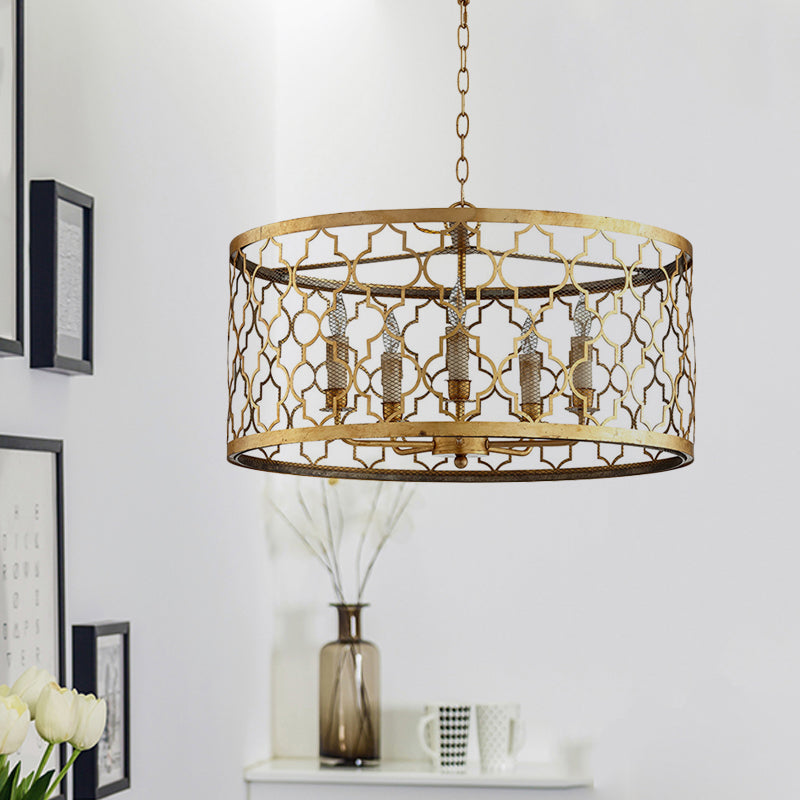 5 Lights Ceiling Suspension Lamp Country Drum Metal Chandelier Lighting in Gold with Living Room