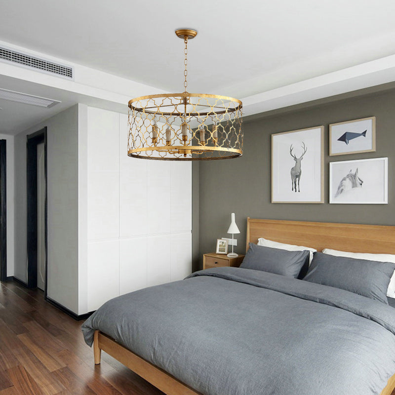5 Lights Ceiling Suspension Lamp Country Drum Metal Chandelier Lighting in Gold with Living Room