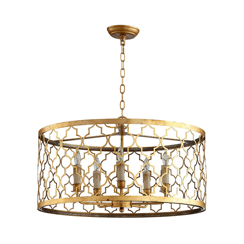5 Lights Ceiling Suspension Lamp Country Drum Metal Chandelier Lighting in Gold with Living Room