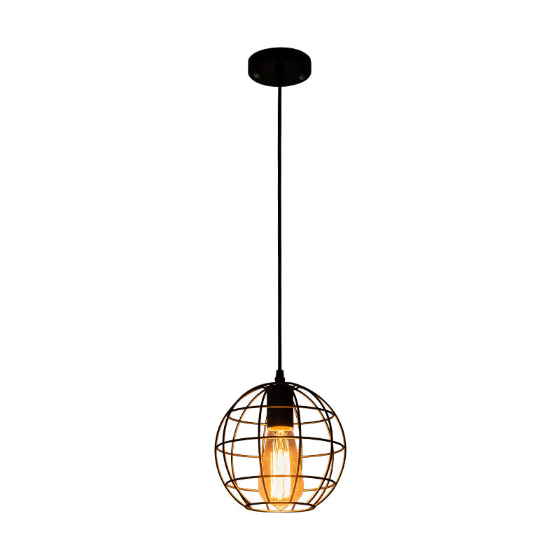 Black Metal 1 Light Light Light Light Indsutrial Retro sferico Cage Hanging Lampada per il ristorante