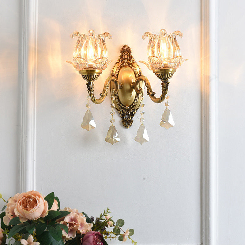 Clear Glass Flower Wall Mounted Light Modern 1/2 Heads Brass Sconce Light with Crystal Drop