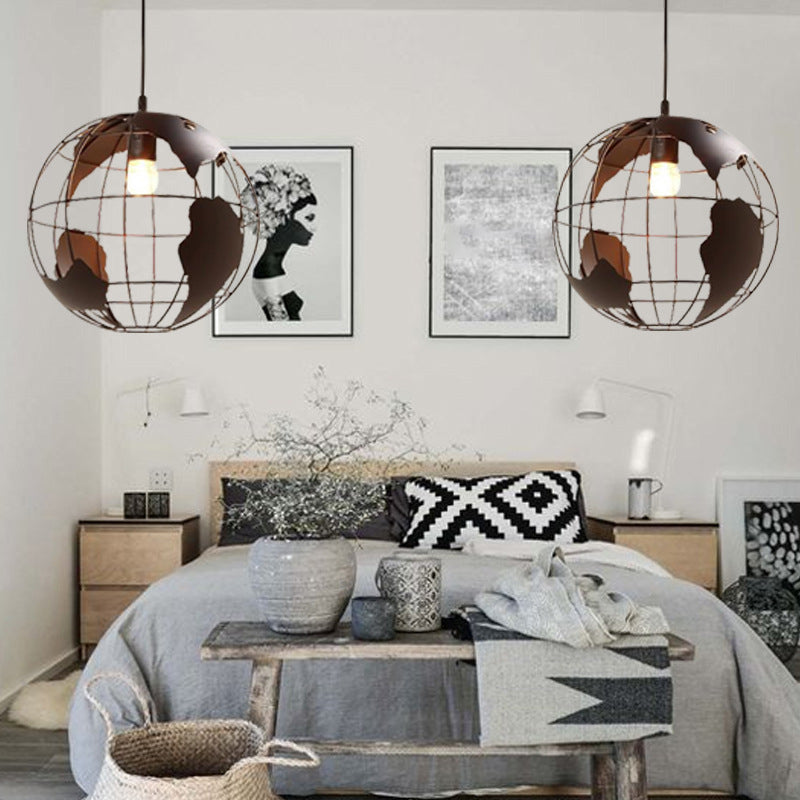 Industrial Orb Single Pendant Light Globe Metal Cage Shade Hanging Lamp for Living Room