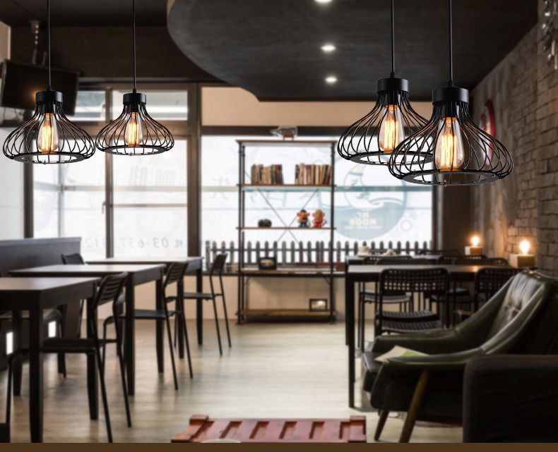 Black Metal 1 Light Light Light Light Indsutrial Retro Teardrop Cage Hanging Lampada per il ristorante