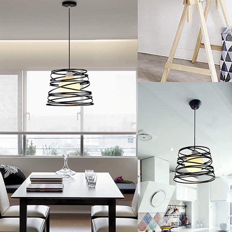 Black Metal 1 Light Pendant Light Indsutrial Retro Cylinder Cage Hanging Lamp for Restaurant