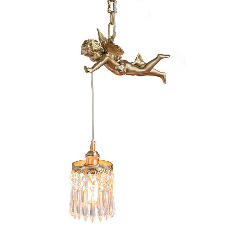 Brass Vintage Angle Pendant  Lamp 1 Light Bedroom Pendant Lighting with Crystal Drip