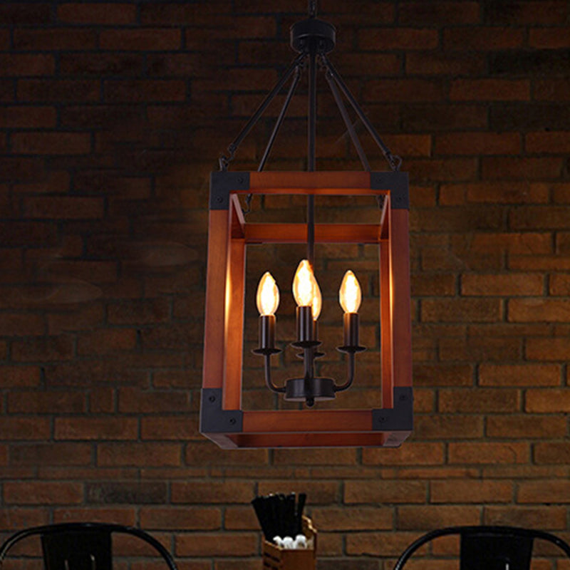 Metal Square Frame Pendant Lighting Fixture Traditional 4 Lights Restaurant Ceiling Chandelier in Dark Wood