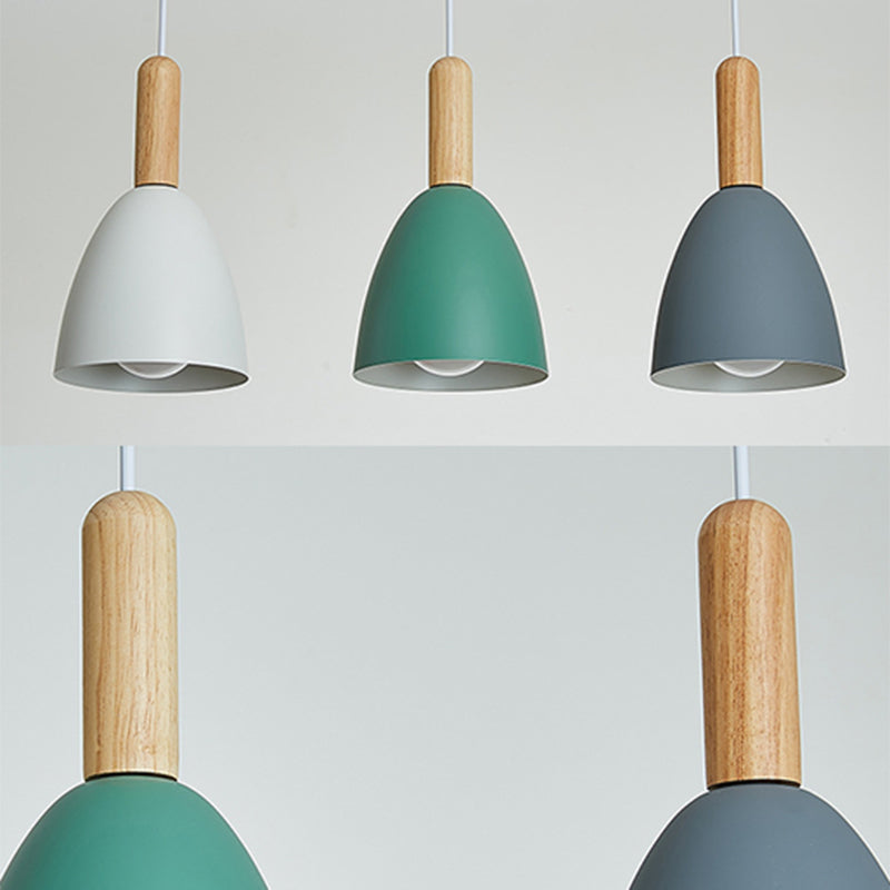 Metal Dome Shade Hanging Light Living Room 3 Light Macaroon Solid Wood Lighting Fixture Pendant