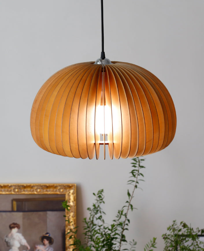 Basswood Pumpkin Shape Pendant Light 1 Light Modern Simplicity Wooden Art Deco Hanging Lamp