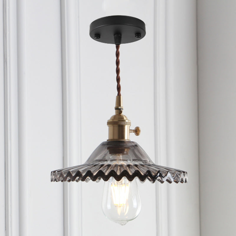 8.66'' Width Brass Pendant Light Industrial Scalloped Glass Shade Mini Hanging Lamp for Coffee Shop