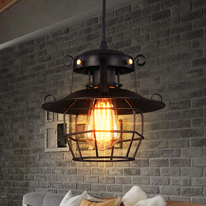 Luce a sospensione in gabbia in ferro battuto nero stile industriale a 1 lutto lampada a soffitto appesa con cavo regolabile da 39 "