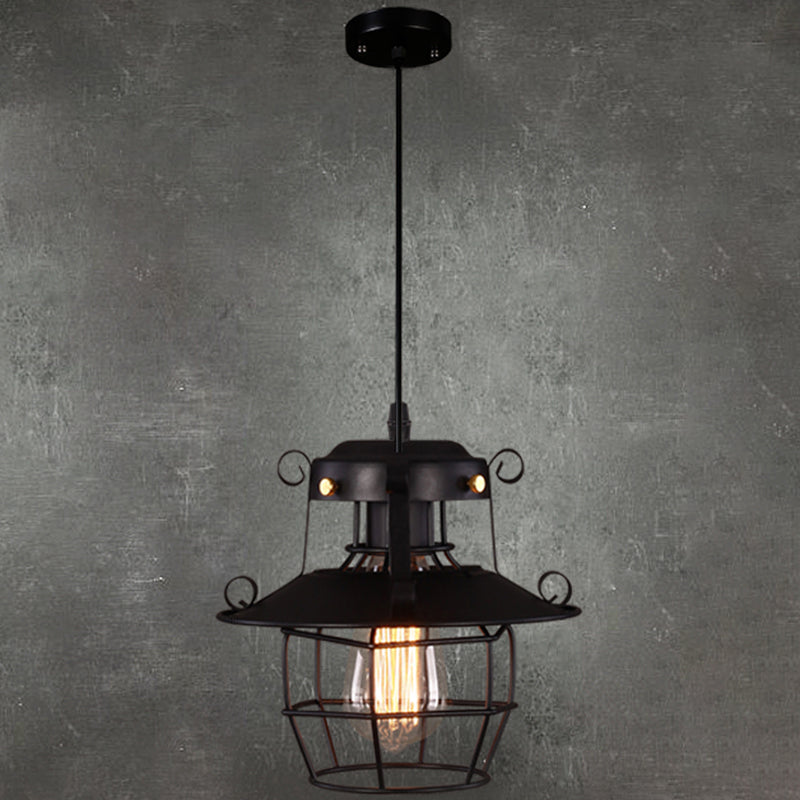 Luce a sospensione in gabbia in ferro battuto nero stile industriale a 1 lutto lampada a soffitto appesa con cavo regolabile da 39 "