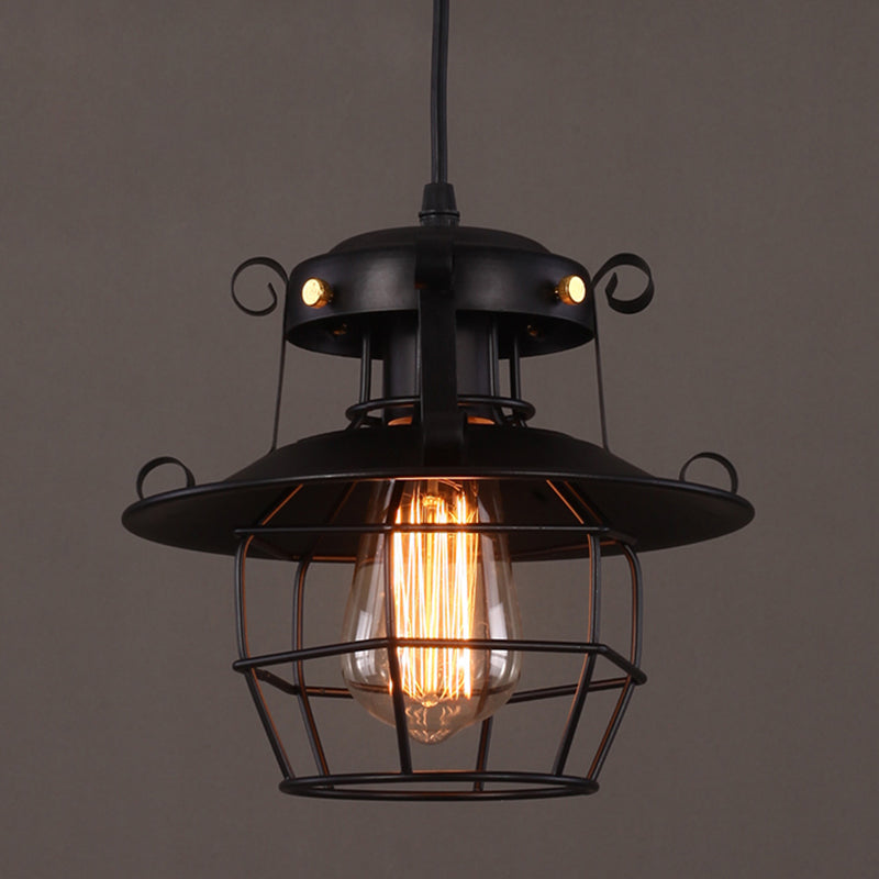 Luce a sospensione in gabbia in ferro battuto nero stile industriale a 1 lutto lampada a soffitto appesa con cavo regolabile da 39 "